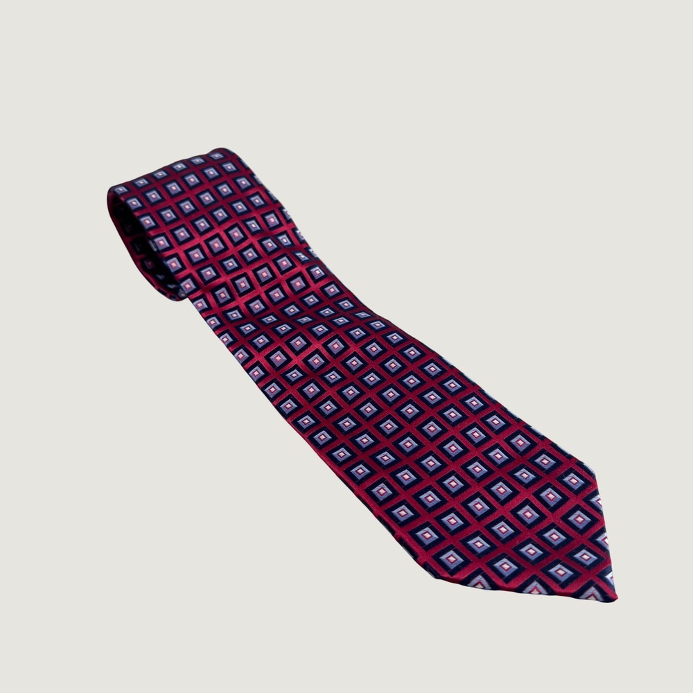 Tommy Hilfiger Mens Silk Necktie Geometric Square Pattern Red Blue Burgundy